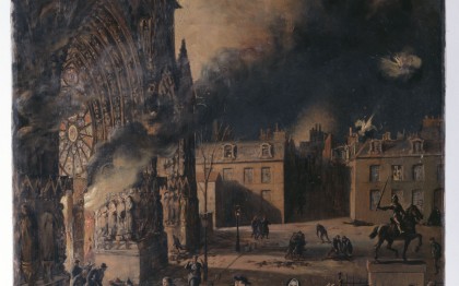 La Cathédrale de Reims en flammes, partie gauche du triptyque des prêtres aux armées